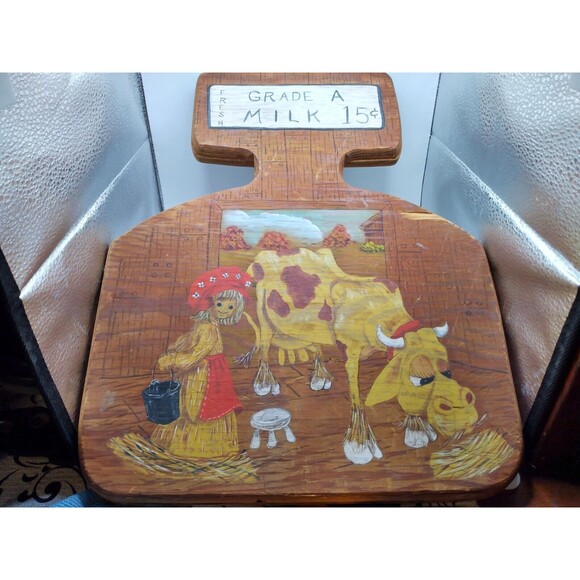 Vintage MCM Hand Painted Wood Wall Hanging, Farmhouse Country, Cow, Milk 1970's - Picture 3 of 9
